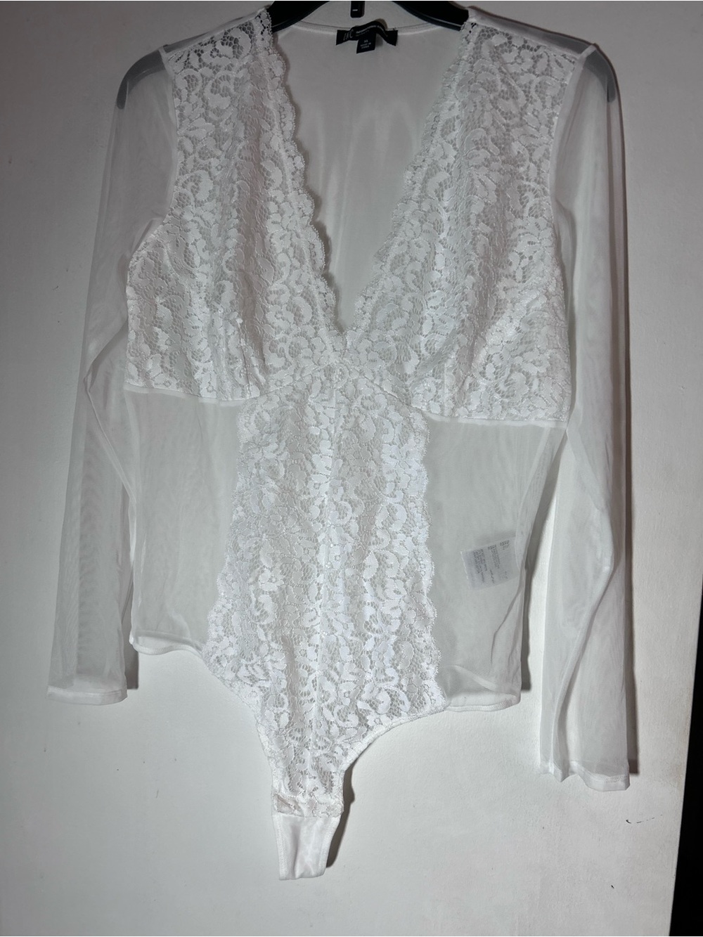 White Lace Plunge Long Sleeve Bodysuit